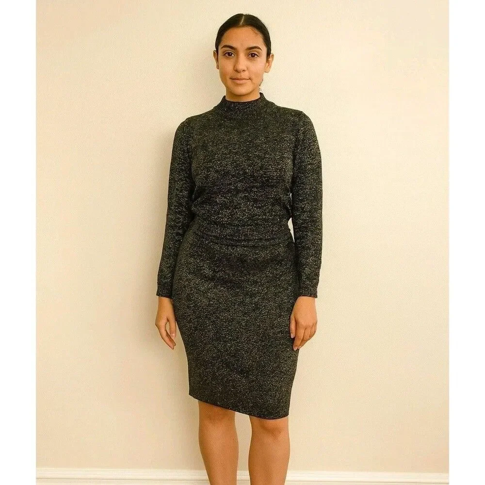 Diane von Furstenberg Wool Blend 2 Piece Sweater Skirt Set Sz M Metallic Glam